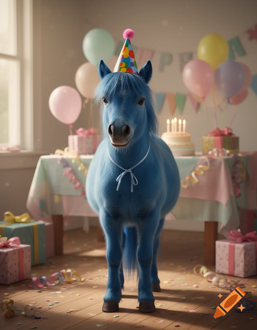 A fluffy blue pony wearing a birthday party hat, standing in a room decorated with balloons and presents.