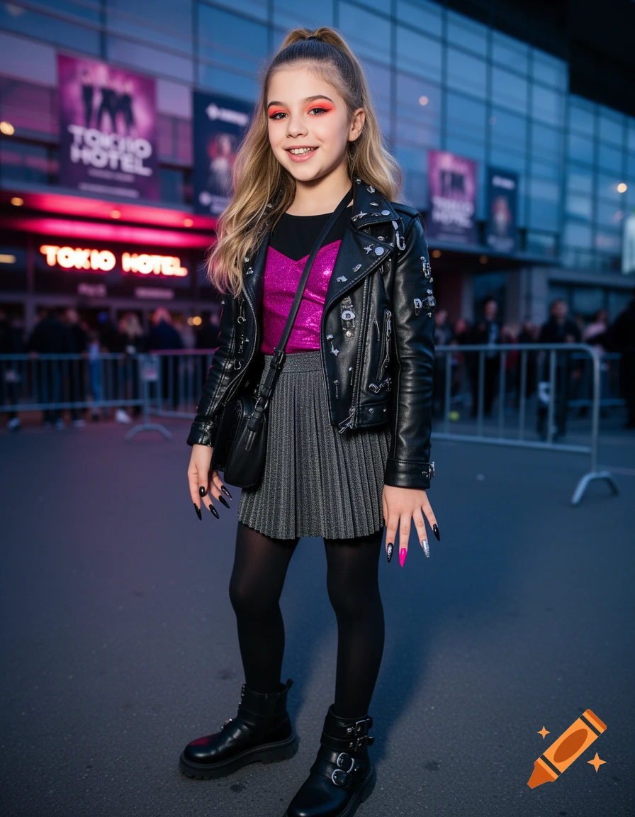 Photorealistic image of a teenage girl in a black leather jacket and pink top standing in front of a Tokio Hotel concert venue.