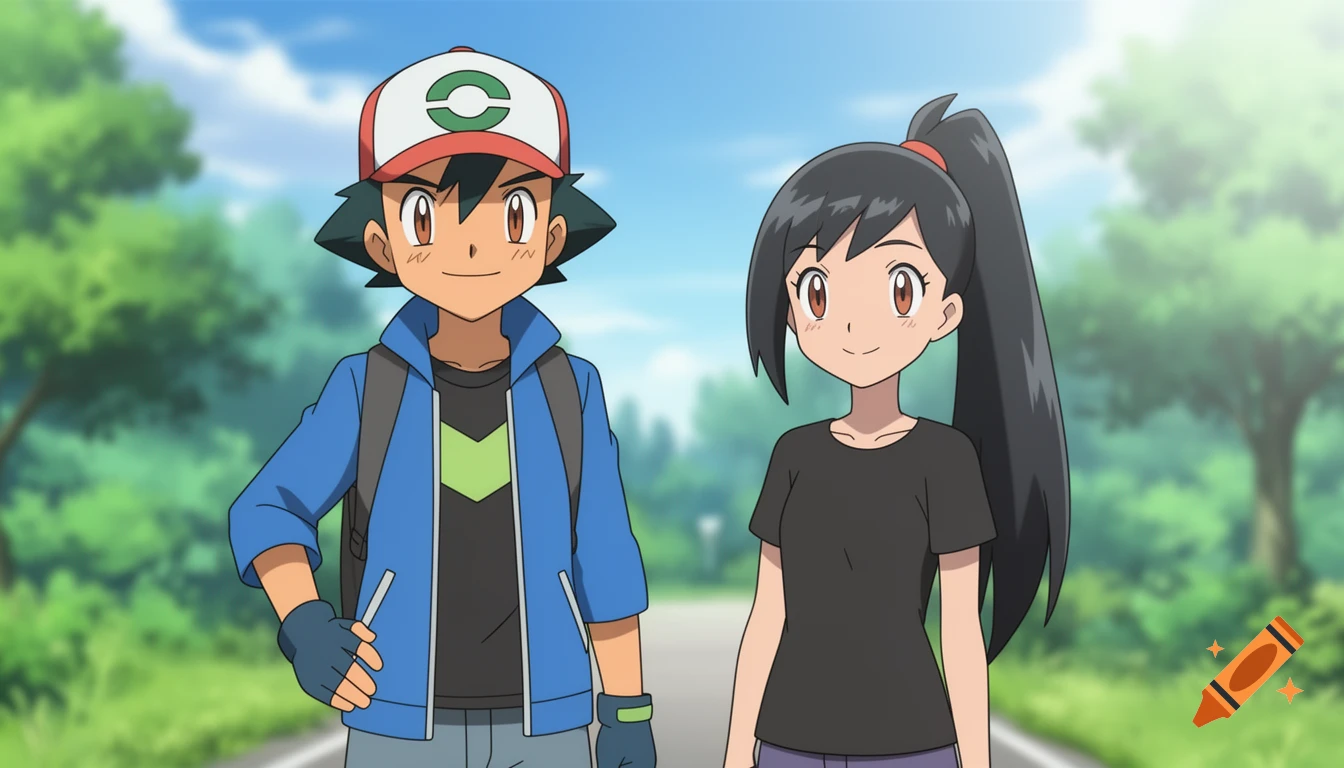 2D anime style screenshot of Ash Ketchum standing next to a girl with a black ponytail outdoors.