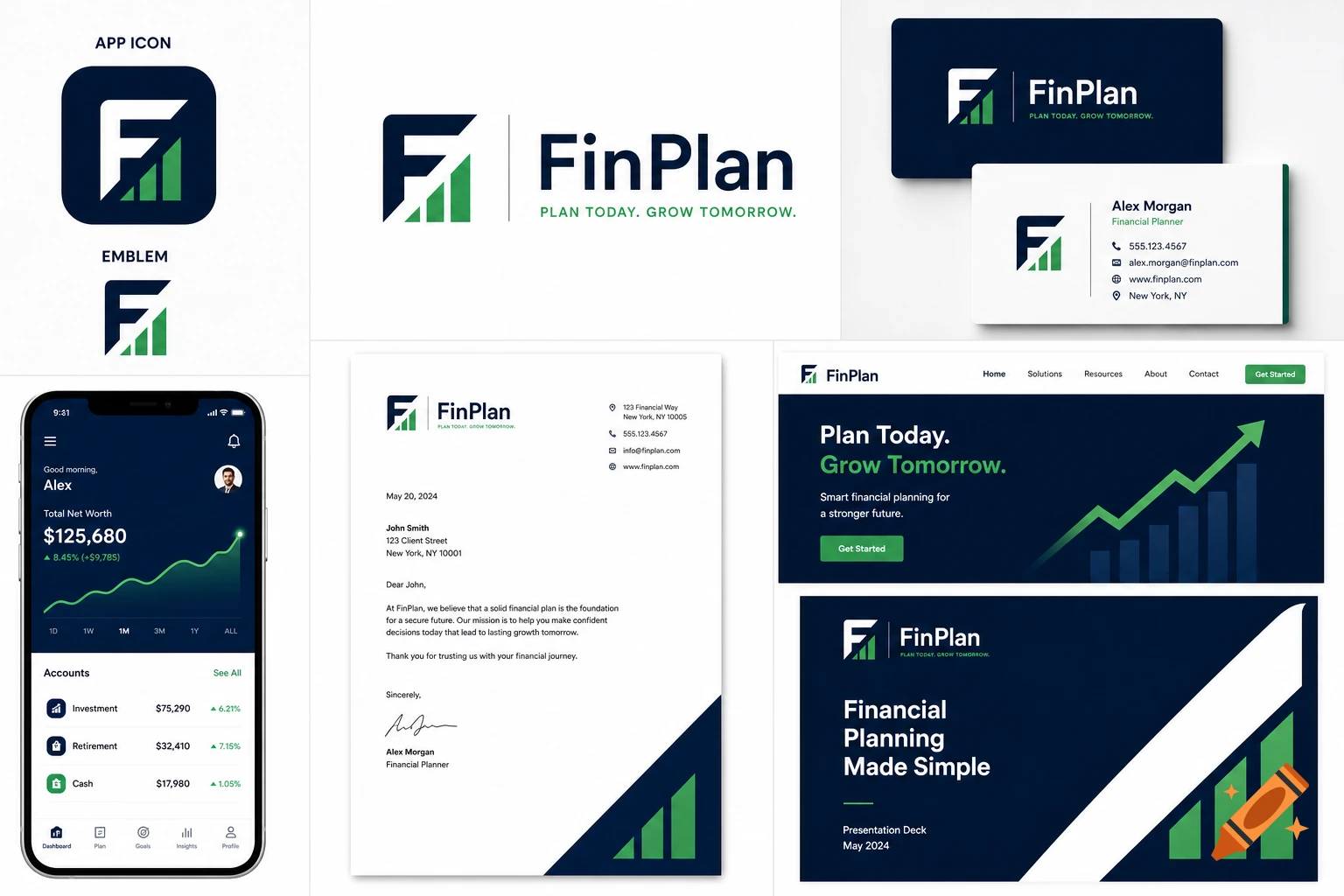 Corporate branding and app interface mockup for FinPlan featuring an F logo and green growth charts.