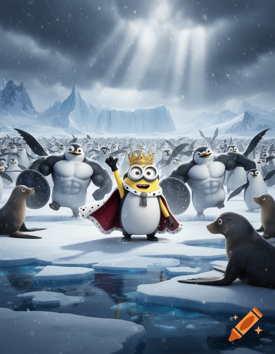 King Bob the minion wearing a crown and cape on an ice floe in Antarctica, leading an army of muscular penguins against sea lions.