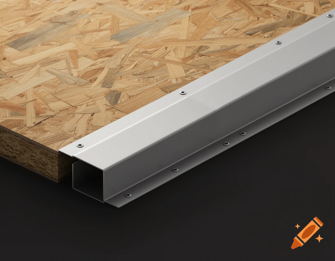 Photorealistic image of a metal Z-shaped flashing edge installed along OSB wood paneling.