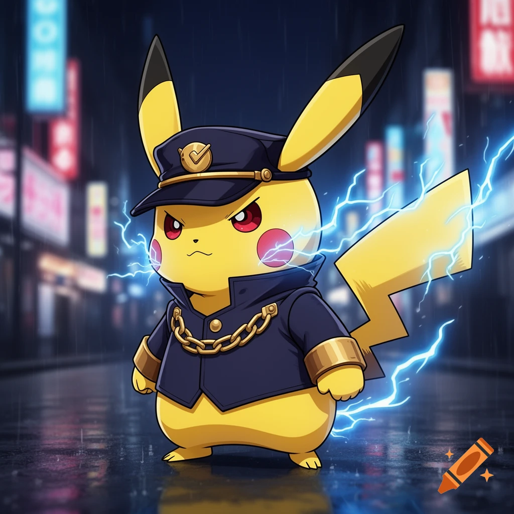 Digital anime style illustration of Pikachu dressed as Jotaro Kujo from JoJo's Bizarre Adventure, standing in a rainy city street at night.