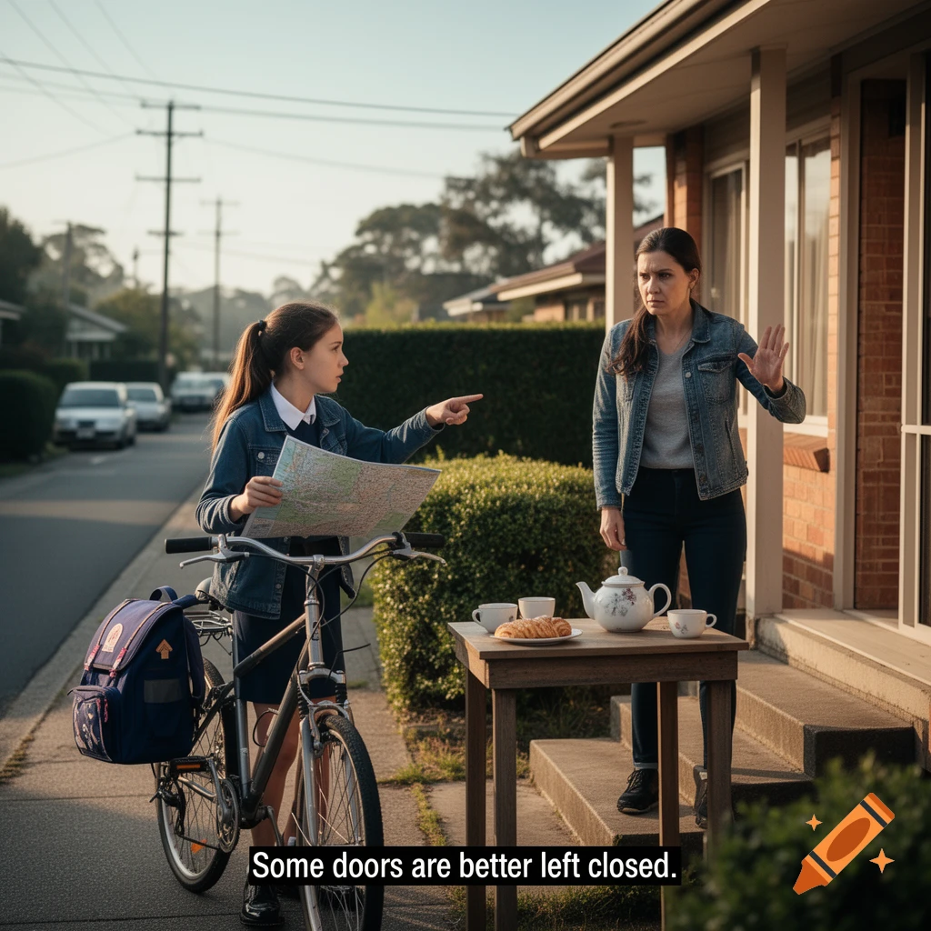 Photorealistic scene of a schoolgirl on a bicycle talking to a woman outside a house, with a quote overlay.