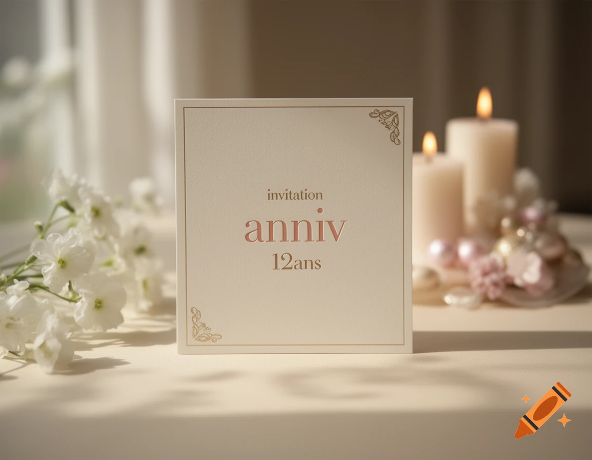 A soft beige invitation card with elegant typography reading invitation anniv 12ans, flanked by white flowers and lit candles in a warm, cozy setting.