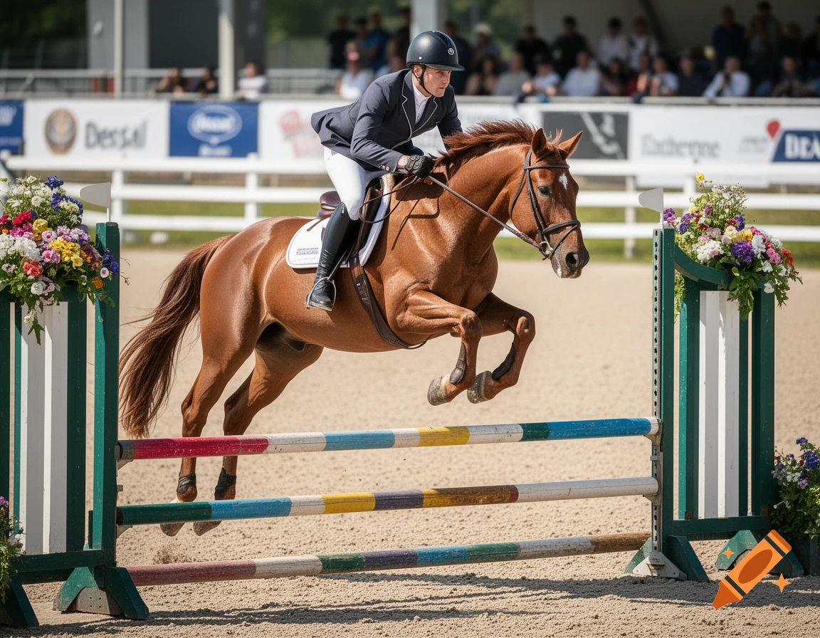 Photorealistic image of a brown horse jumping over a colorful obstacle with a rider wearing a helmet in an arena.