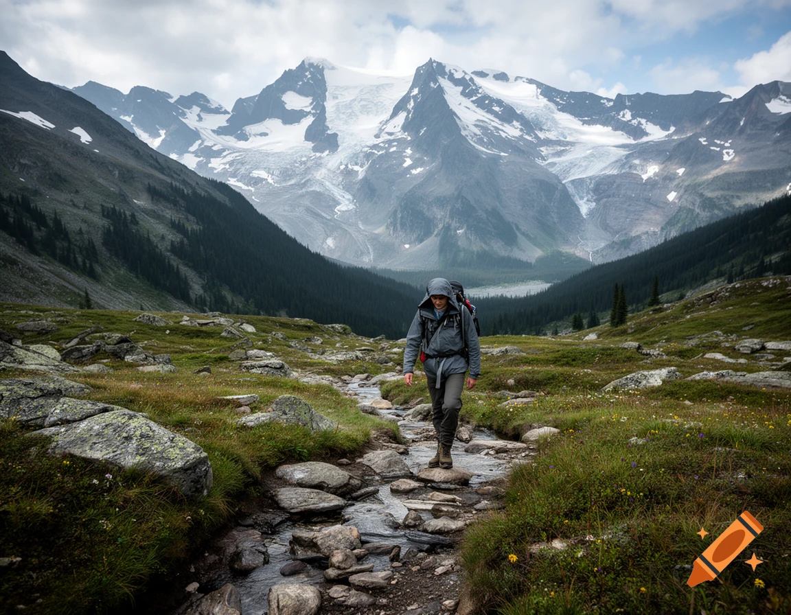 Photorealistic image of a hiker with a backpack crossing a small stream in a mountain valley with snow-capped peaks in the background.