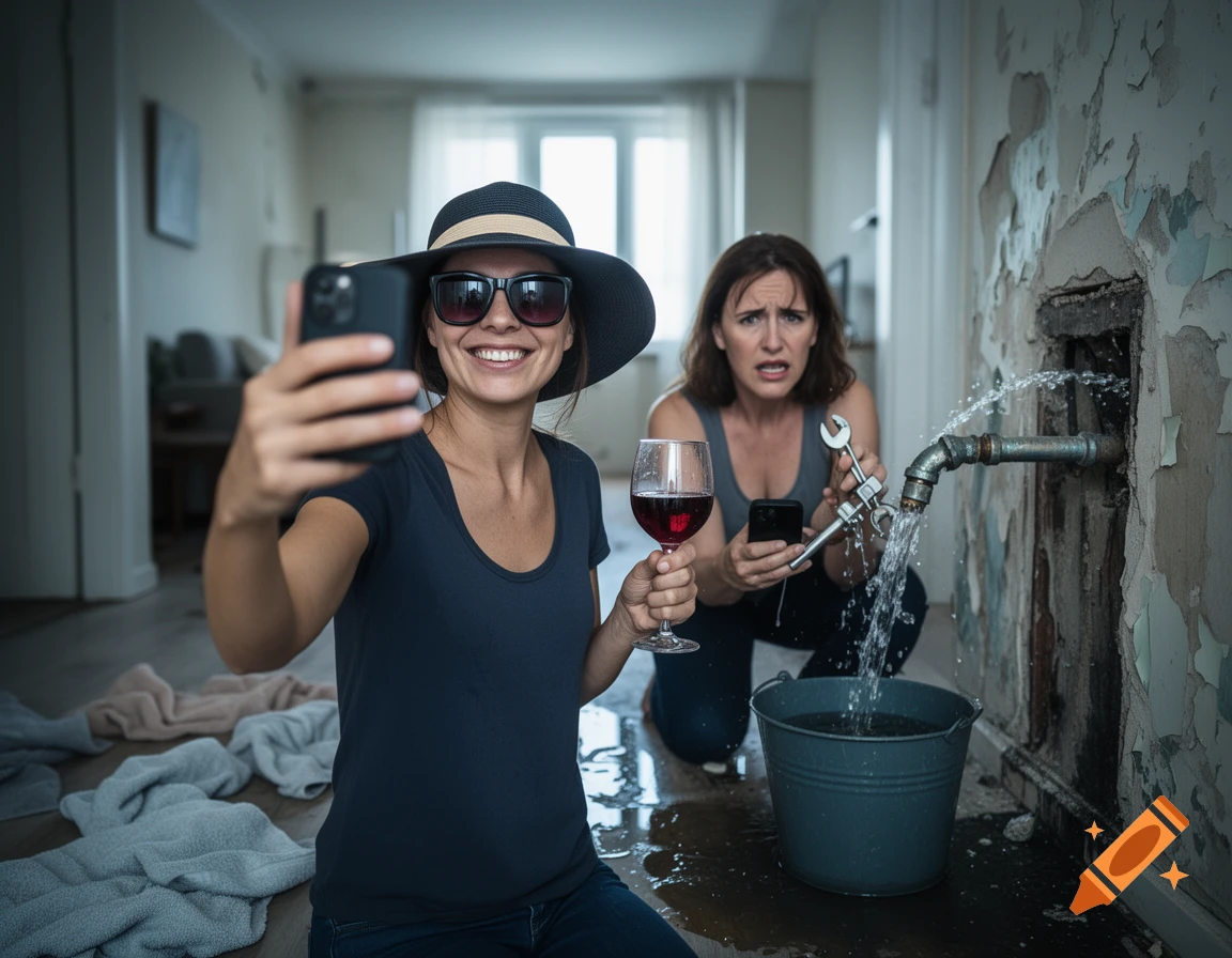 Photorealistic image of a woman taking a selfie with a wine glass while another woman panics over a burst pipe and water leak.