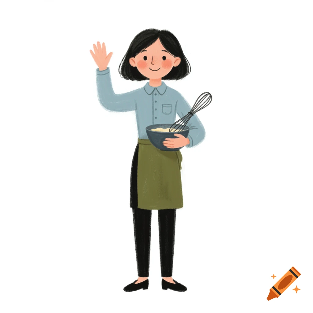 Matte gouache clipart of a smiling teacher waving and holding a mixing bowl and whisk, in powder blue and olive tones.