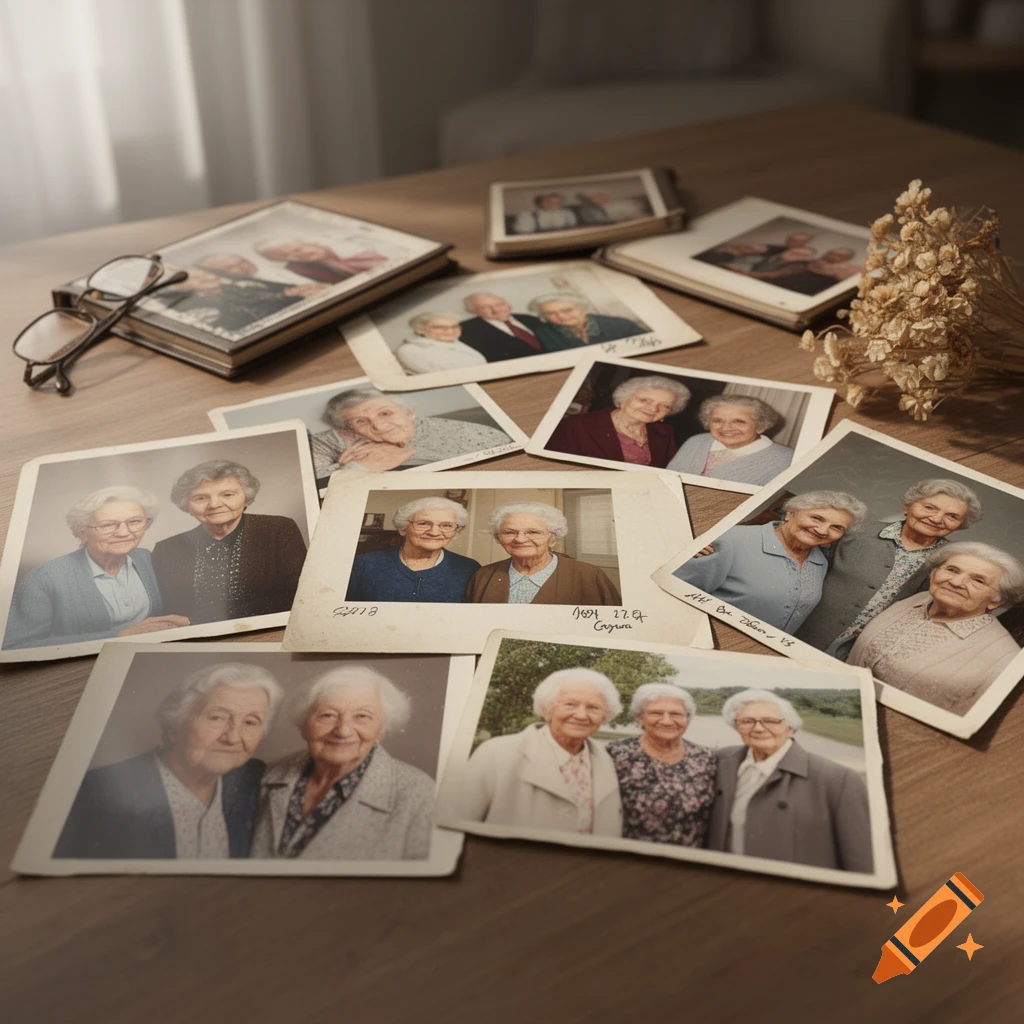 An arrangement of vintage photographs of elderly women scattered on a wooden table alongside glasses and dried flowers.