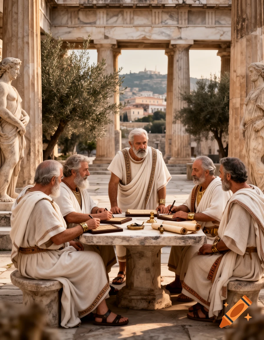 Photorealistic scene of politicians in ancient Greece meeting around a marble table in a classical temple.