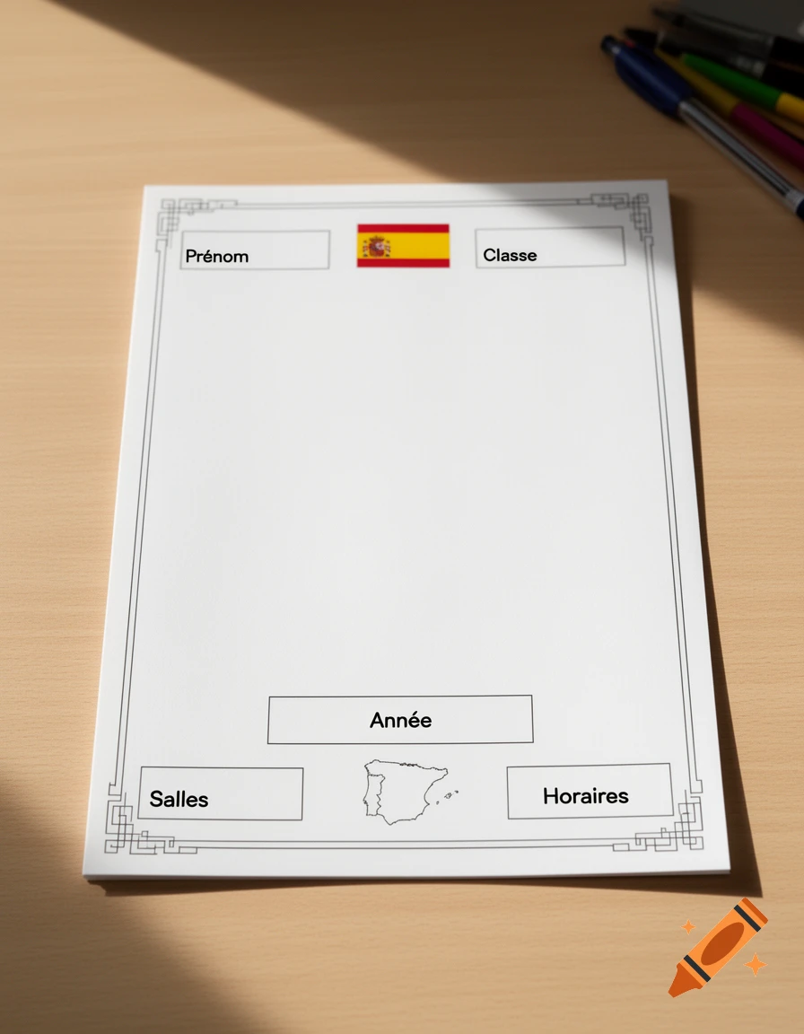 Blank Spanish notebook cover with a Spanish flag, outline map of Spain, and French labels on a wooden desk.