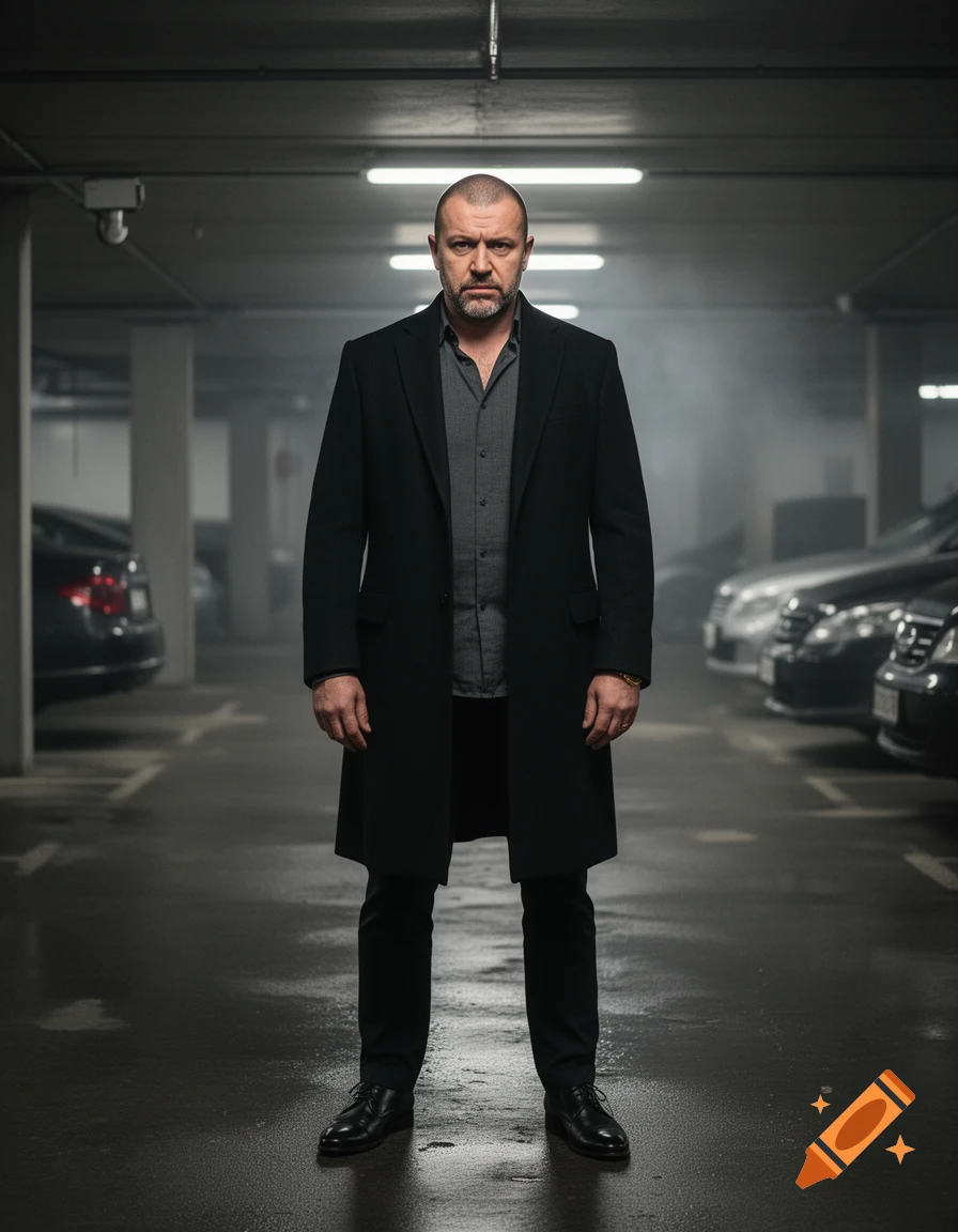 Photorealistic medium shot of a serious man with a shaved head standing in a dimly lit underground parking garage, wearing a black overcoat and grey shirt.