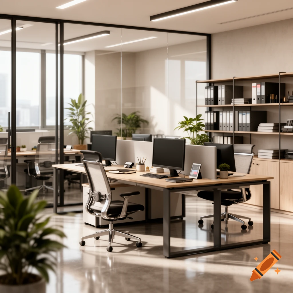 Modern open-plan office interior with desks, ergonomic chairs, glass partitions, and shelving units, photorealistic style.
