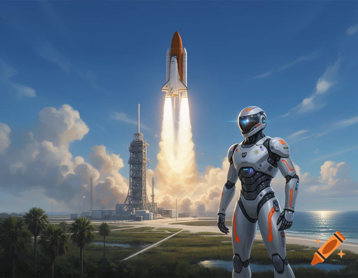 An anthropomorphic astronaut robot stands in the foreground near a Florida beach while an SLS rocket launches in the background.