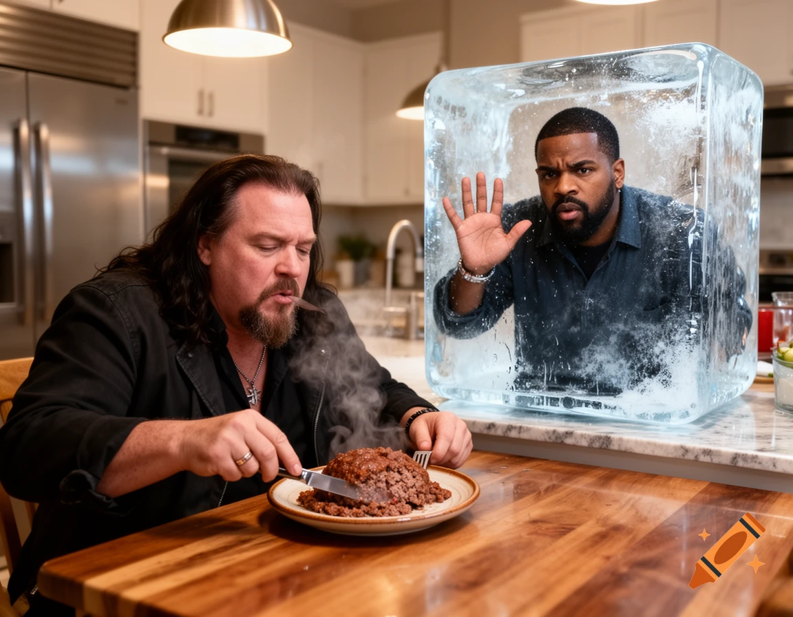 Photorealistic image of the singer Meat Loaf eating meatloaf at a table while the singer Ice Cube is trapped inside a large ice cube in a kitchen.