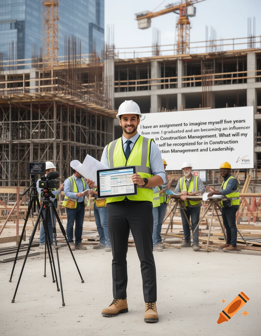Photorealistic image of a construction manager holding a tablet on a building site with workers and a sign in the background.