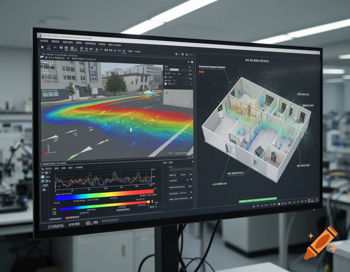 Close-up photo of a large monitor displaying scientific simulation software with graphs, floorplans, and heatmaps in a lab.