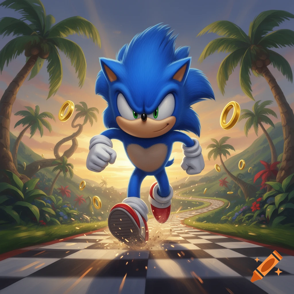 Digital illustration of Sonic the Hedgehog running forward on a checkered path through a tropical paradise with palm trees and golden rings.