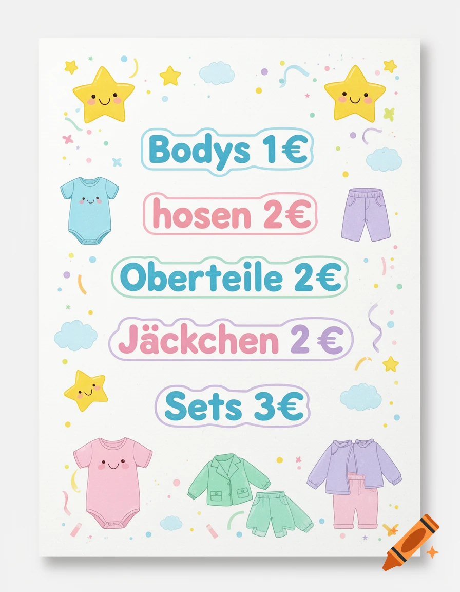 Cute illustrated price list for baby clothing with pastel colors, stars, and clouds.