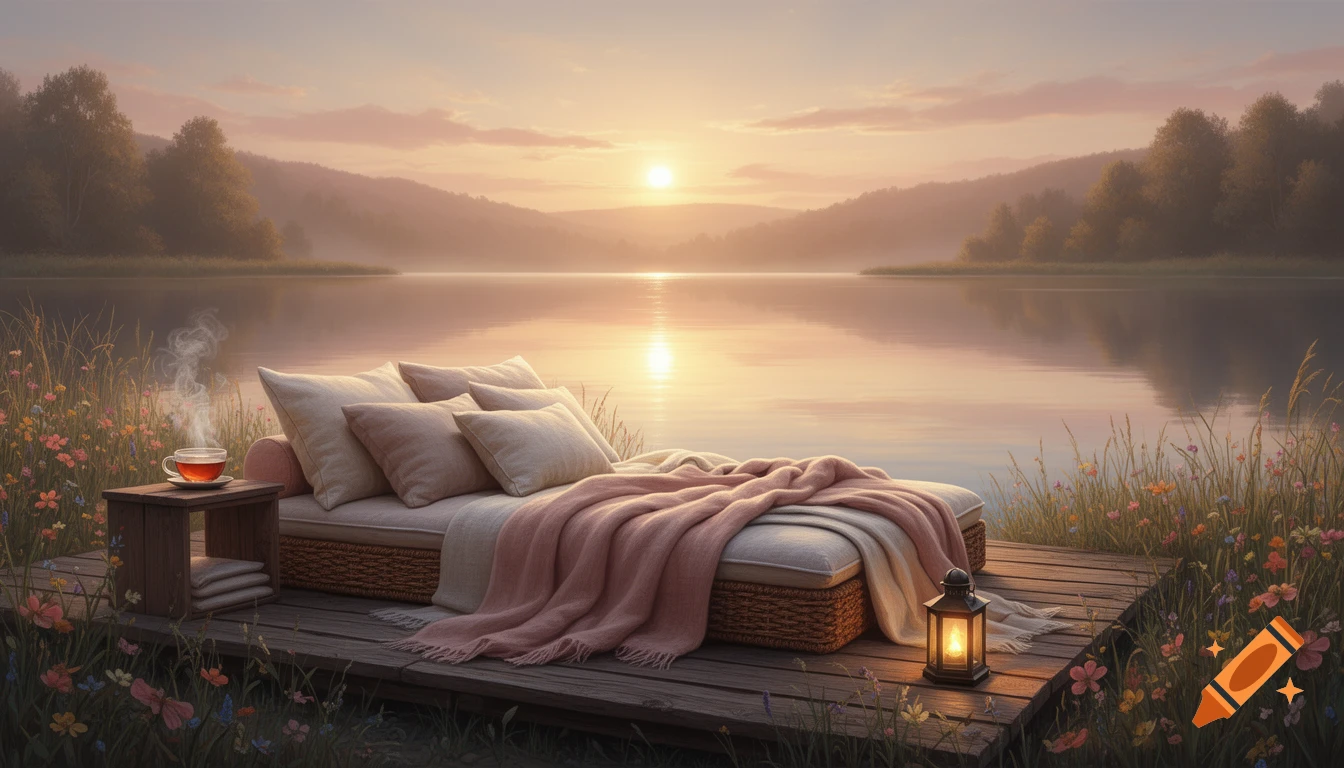 Cozy outdoor relaxation area with pillows and blankets on a wooden dock overlooking a calm lake at sunset, digital art style