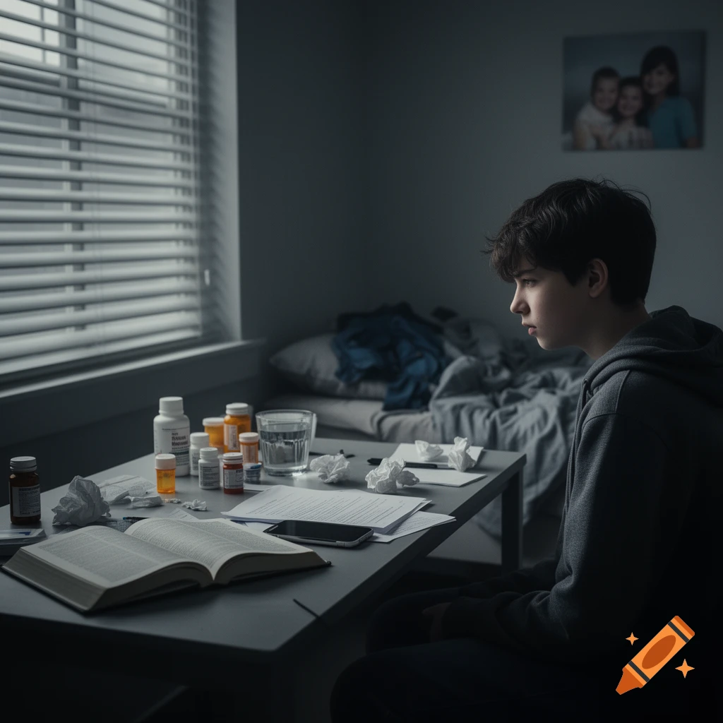 A dark, moody bedroom scene with a young boy sitting by a desk cluttered with medication bottles, a book, and tissues, looking out a window.