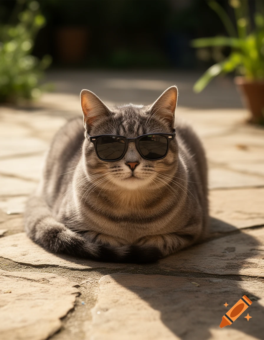 Photorealistic image of a gray tabby cat resting outdoors on stone paving, wearing black sunglasses.