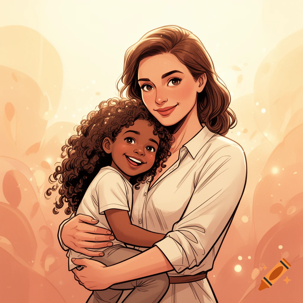Comic style illustration of a smiling brunette woman holding a young mixed race girl with long curly hair.