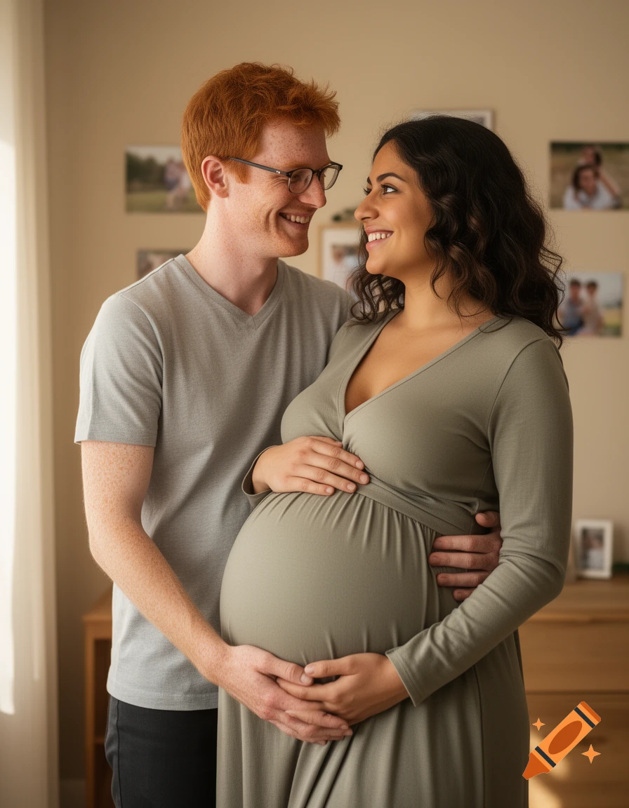 Photorealistic image of a happy red-haired man hugging his pregnant wife indoors.