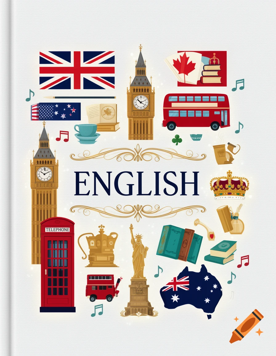 Cover illustration for an English notebook featuring British and American symbols like Big Ben, a red telephone box, and flags.