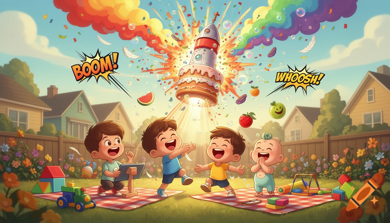 Colorful cartoon illustration of four happy children in a backyard watching a toy rocket launch out of a cake, with comic-style sound effect text.