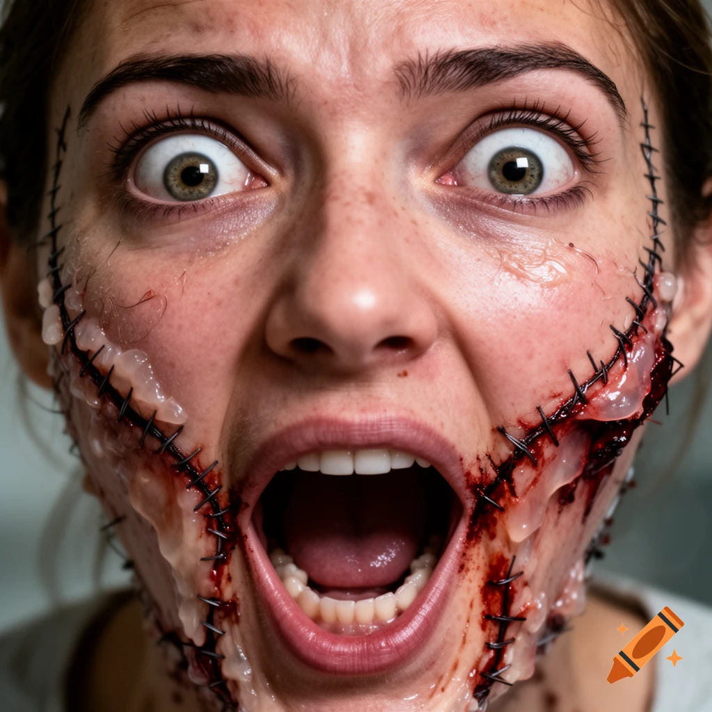 Close-up photorealistic portrait of a woman with her face stitched together and screaming, featuring gory details and flesh glue.