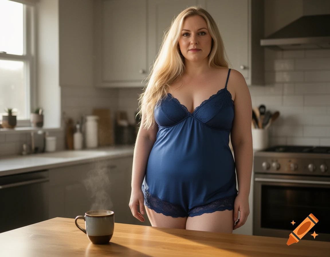Photorealistic image of a curvy blonde woman standing in a kitchen next to a wooden table with a steaming cup of coffee.