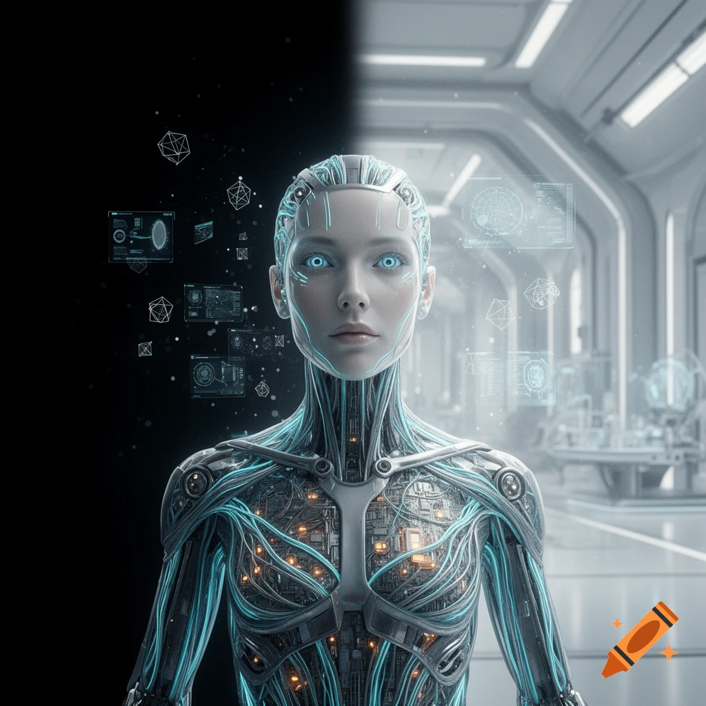 Photorealistic portrait of a female android with glowing blue circuits and floating holographic data interfaces in a futuristic corridor.