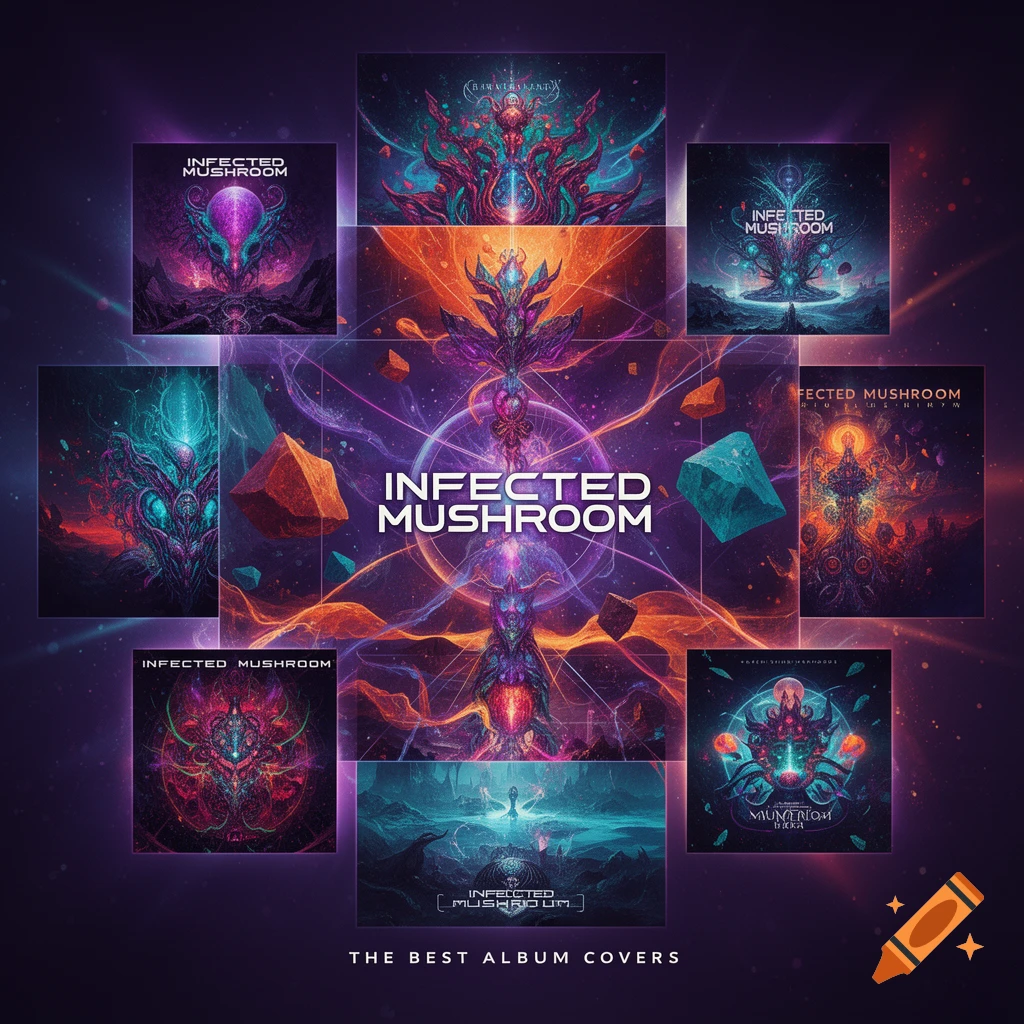 A psychedelic collage of Infected Mushroom album covers featuring cosmic and abstract imagery in vibrant purple and blue tones.