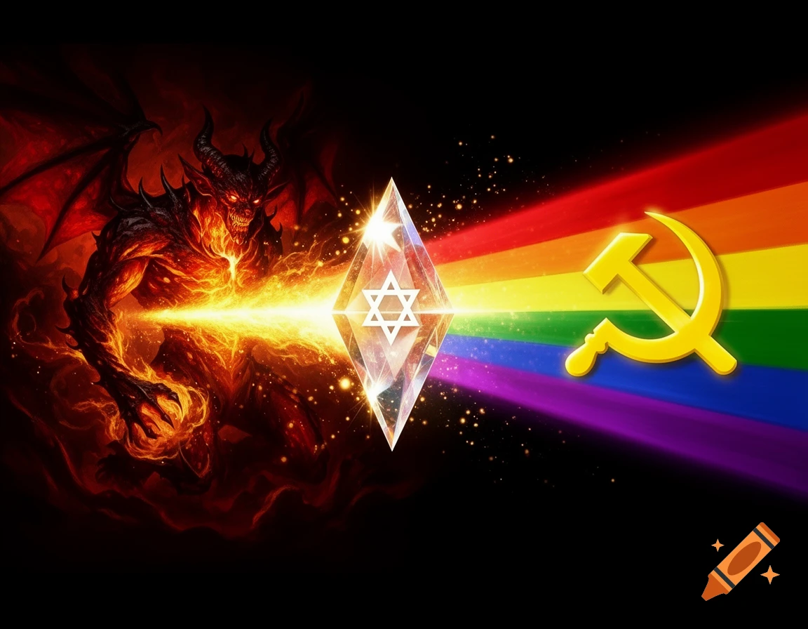 A fiery demon shoots a beam of light through a crystal prism with a Star of David, creating a rainbow beam illuminating a hammer and sickle symbol against a black background.