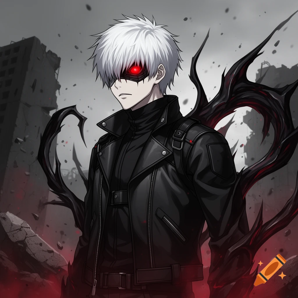 Anime style illustration of Ken Kaneki with white hair, an eyepatch, and black leather jacket against a ruined city backdrop.