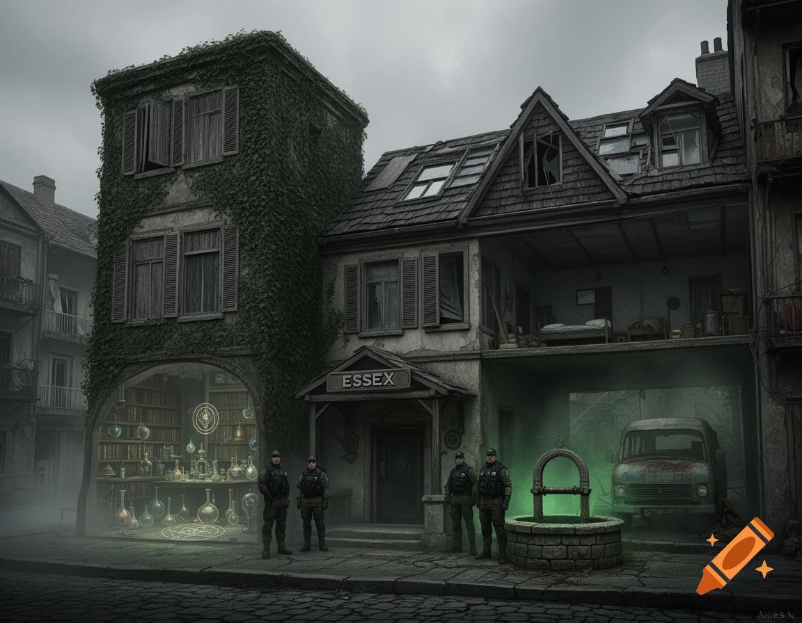 A dark, gritty street scene featuring a clinic named Essex with guards standing outside, an open alchemy shop, and a well.
