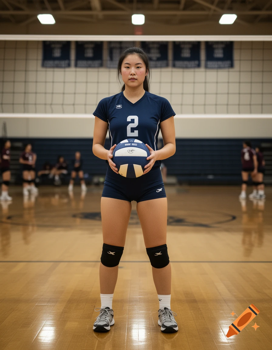 Photorealistic full-body portrait of an Asian female high school volleyball player holding a ball on a court.