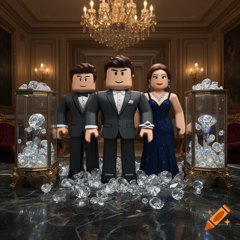 Roblox-style characters in formal attire standing among glass cases filled with diamonds in a luxurious ballroom.