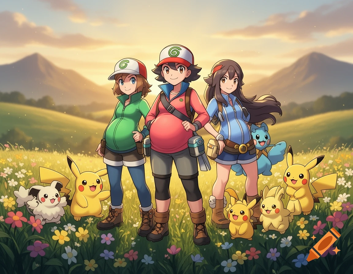 Anime style illustration of three pregnant Pokemon trainers with multiple Pikachu characters in a grassy field with mountains in the background.