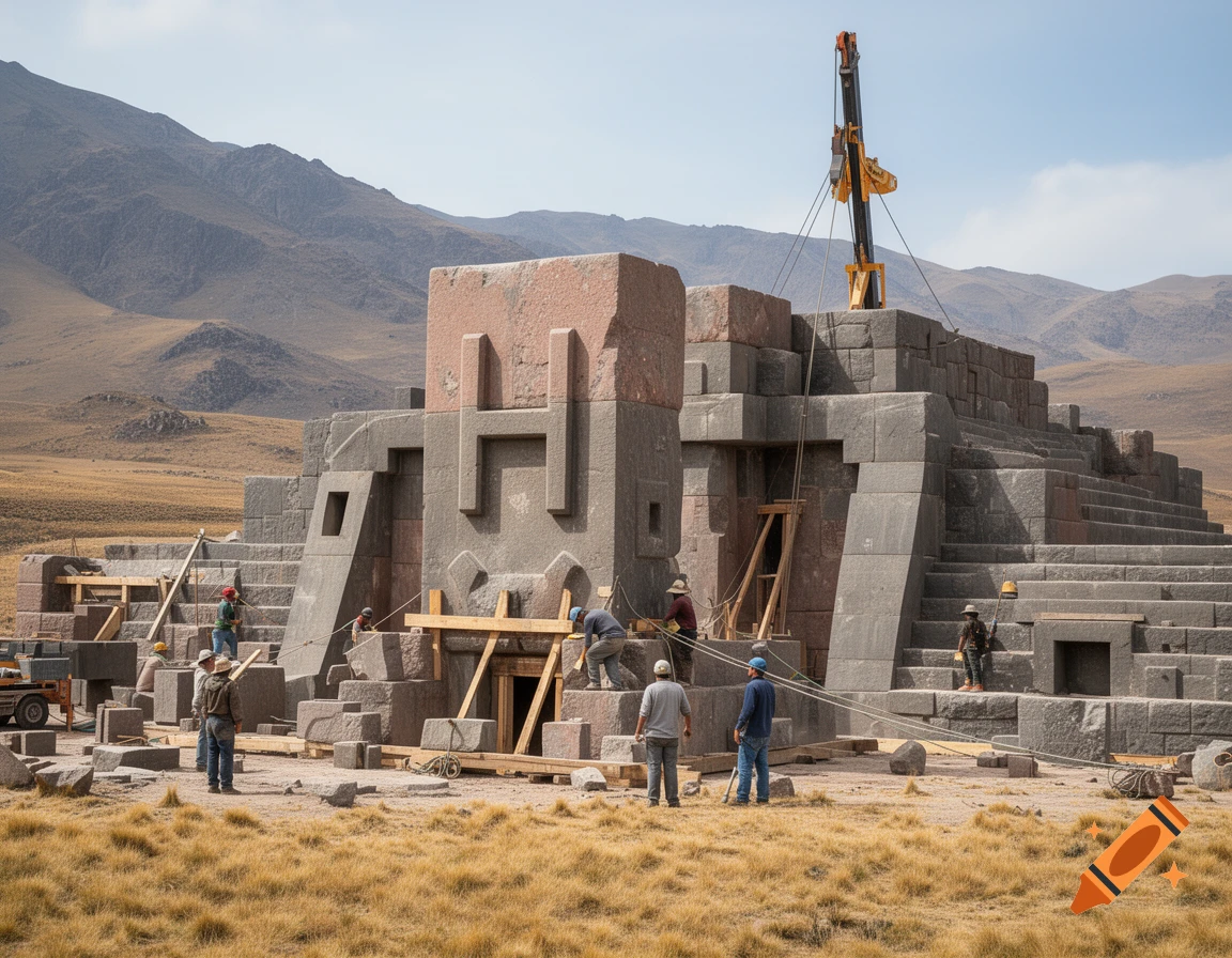Photorealistic image of workers constructing a stone fortress in a mountain landscape with a large 'H' block.