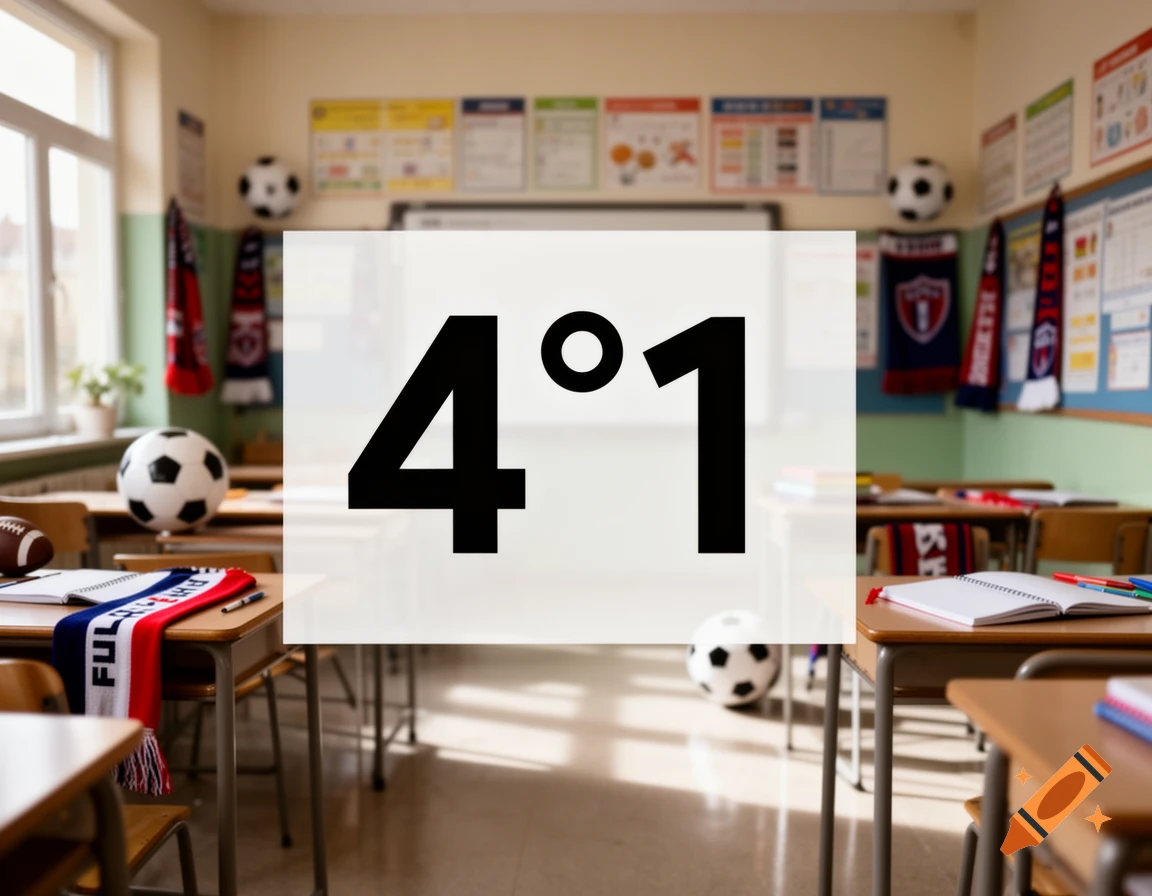 Classroom interior with school desks, soccer balls, and school banners, featuring the text 4°1.