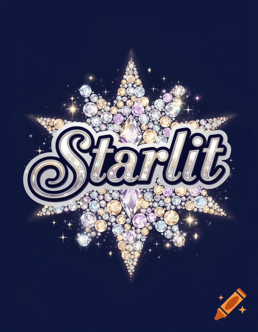 The word Starlit rendered in sparkling diamond and rhinestone letters over a dark blue background.