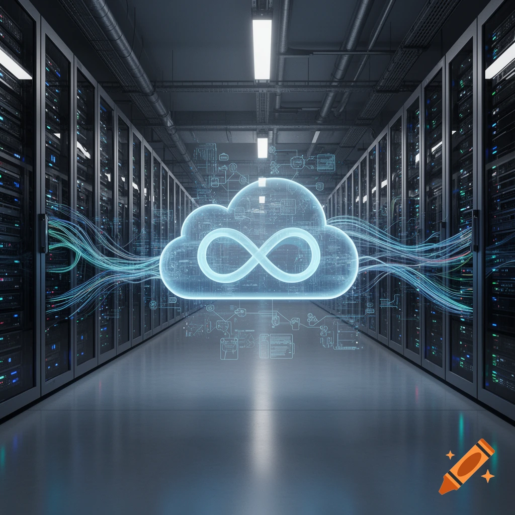 Photorealistic server room aisle with a glowing holographic infinity symbol inside a cloud floating in the center.