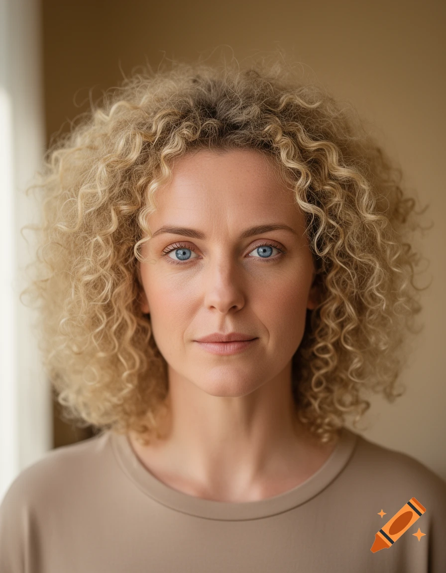 Portrait of a white woman with vibrant blonde curly hair and striking blue eyes, wearing a neutral beige top.
