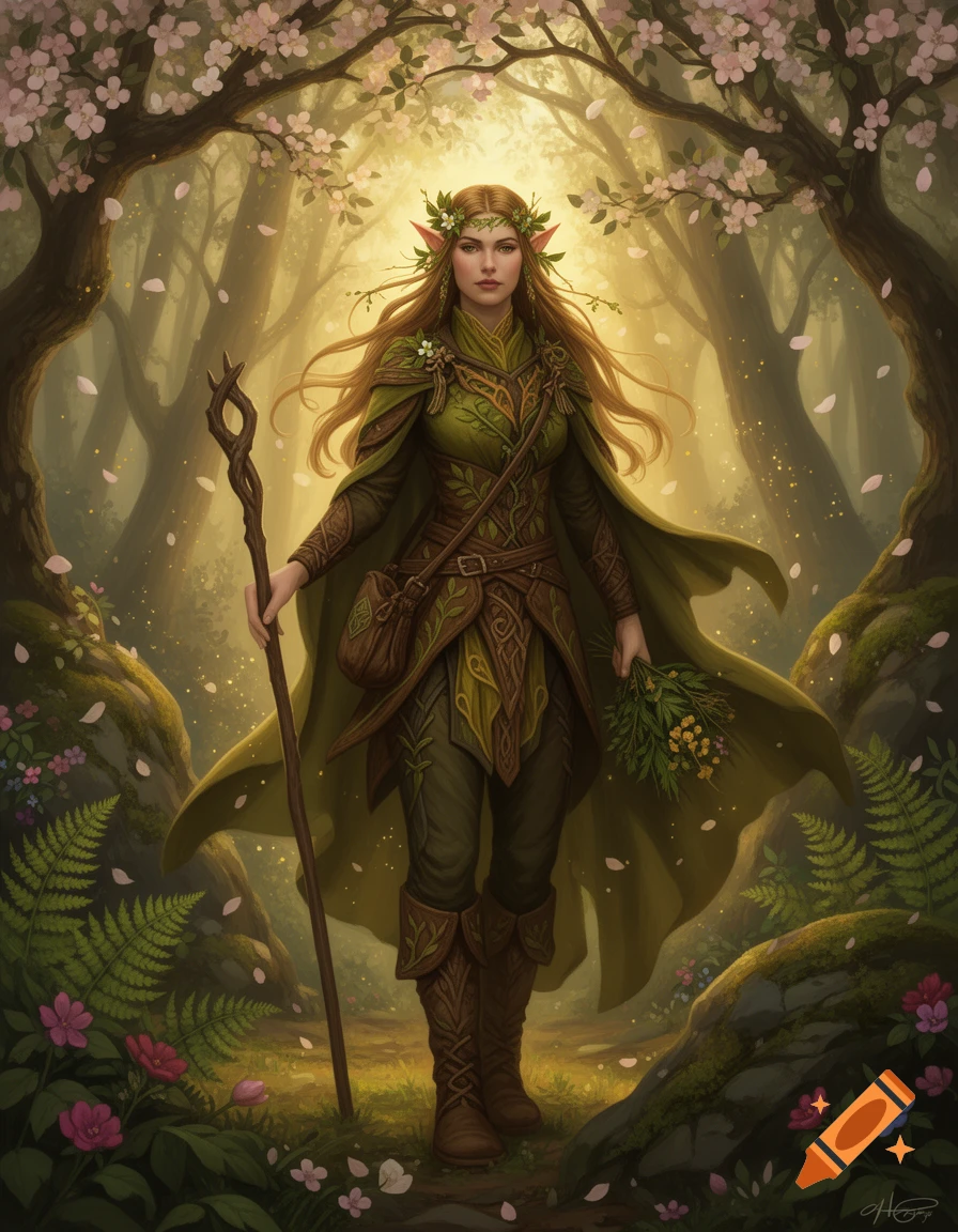 A female wood elf druid with flowing green garments and a staff, standing in a blooming spring forest.
