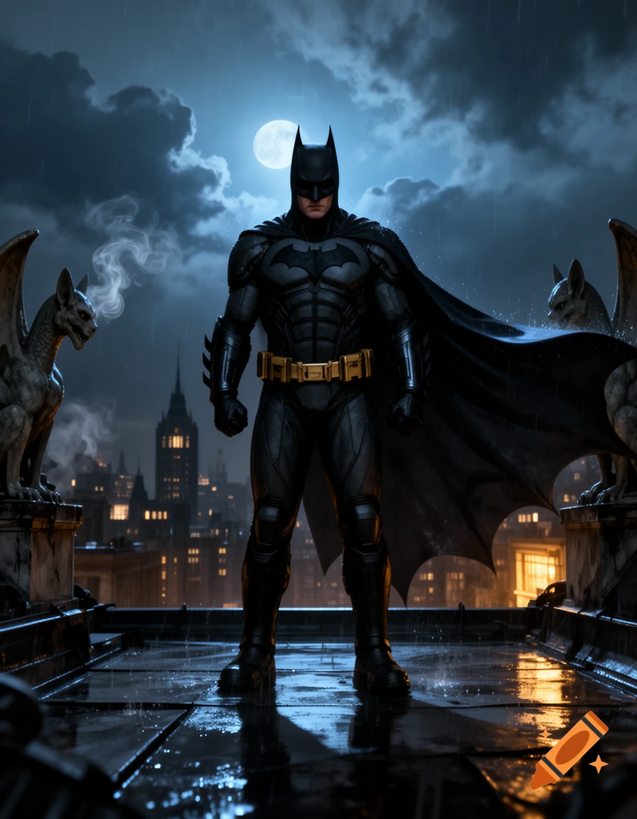 Photorealistic image of Batman standing on a rainy Gotham City rooftop at night with gargoyles and a full moon.