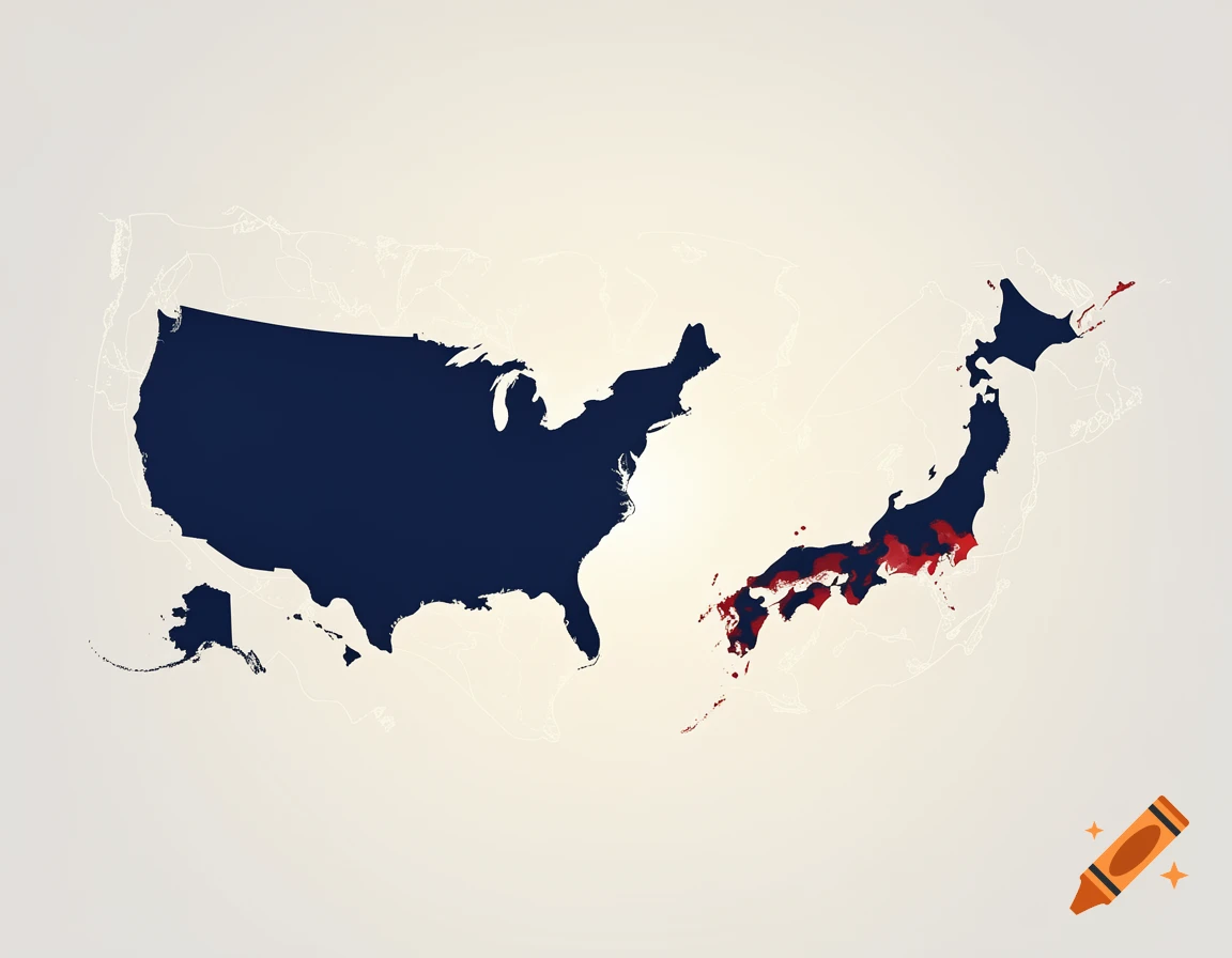 Minimalist graphic map of the United States and Japan side by side in dark blue and red on a cream background.