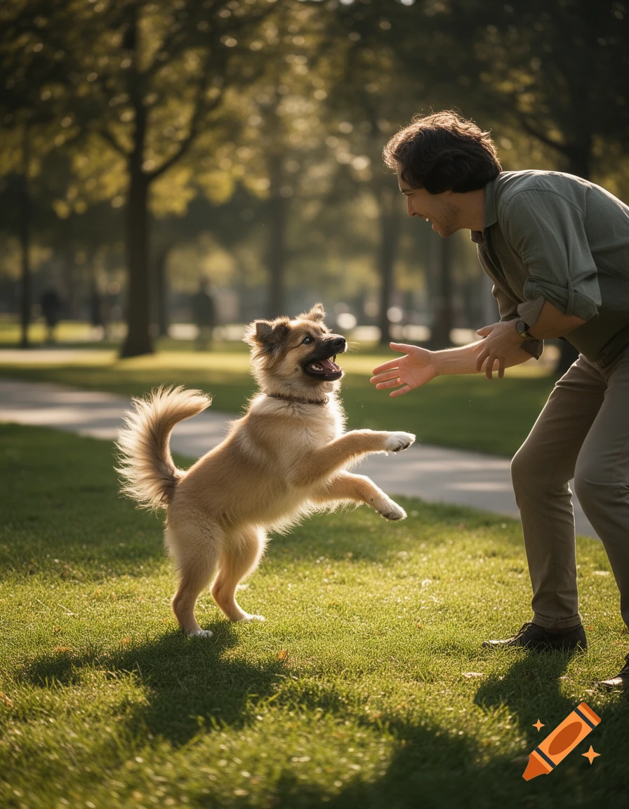 Photorealistic image of a man playing with a fluffy golden dog in a sunlit park.
